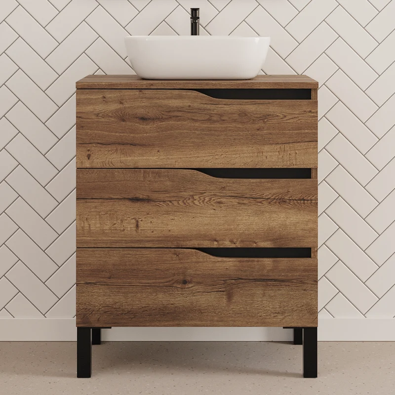Meuble de salle de bain 60cm avec plateau et vasque à poser zeus - sans miroir - 3 tiroirs - MATA