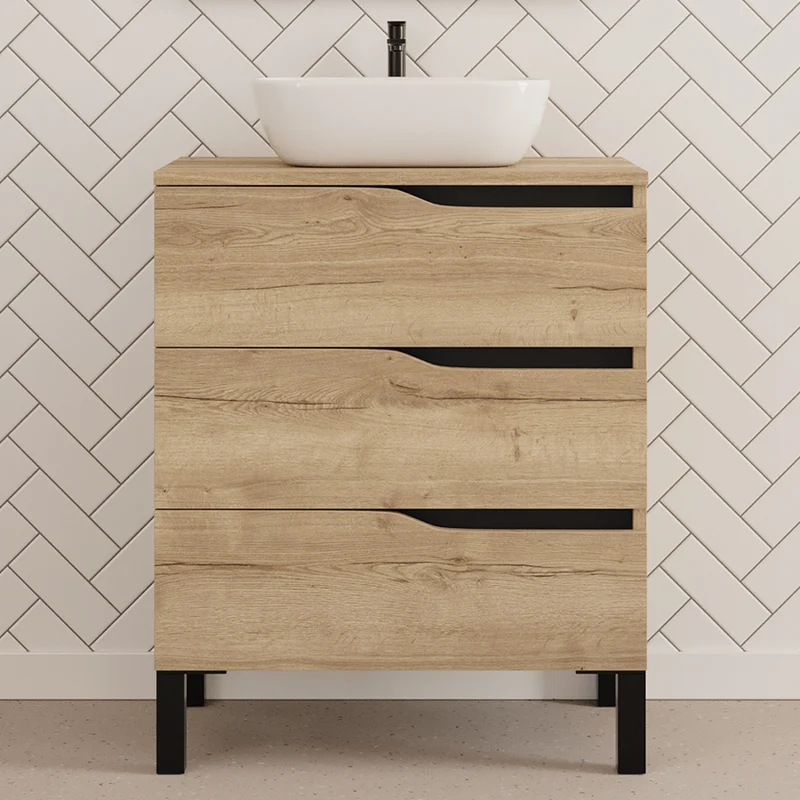 Meuble de salle de bain 60cm avec plateau et vasque à poser zeus - sans miroir - 3 tiroirs - MATA