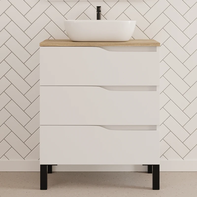 Meuble de salle de bain 60cm avec plateau et vasque à poser zeus - sans miroir - 3 tiroirs - MATA