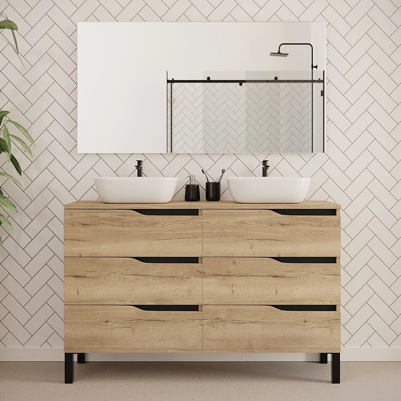 Meuble de salle de bain 140cm avec plateau et 2 vasques à poser zeus - 6 tiroirs - MATA