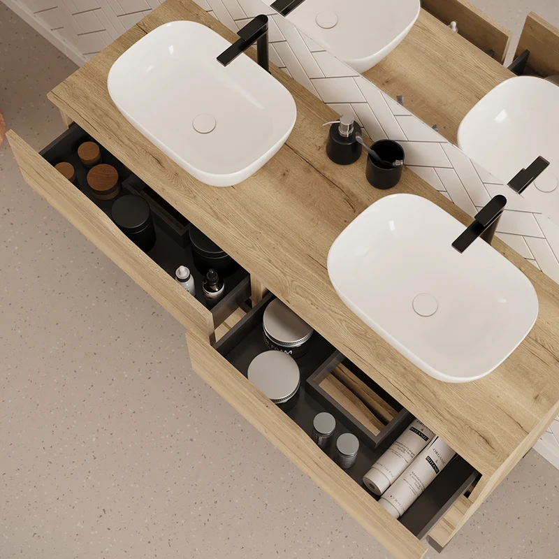 Meuble de salle de bain 140cm avec plateau et 2 vasques à poser zeus - 6 tiroirs - MATA