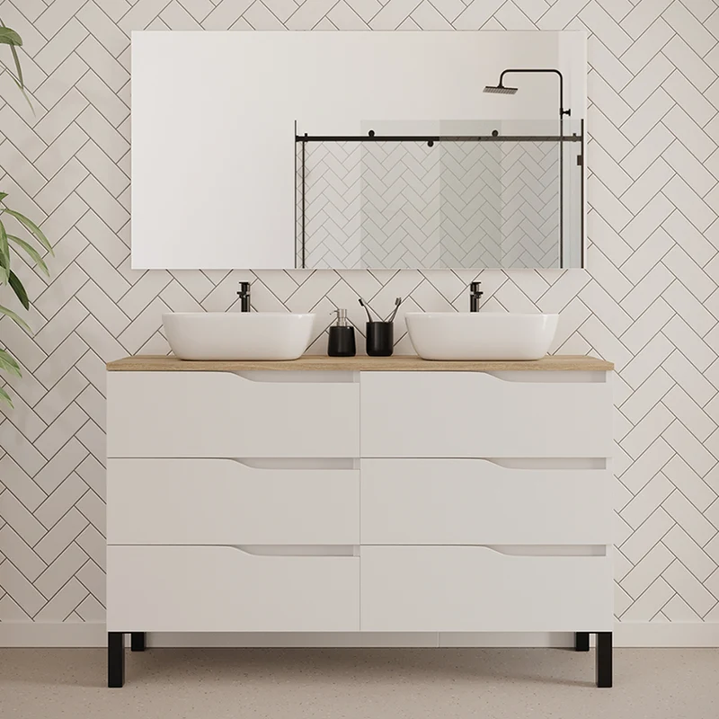 Meuble de salle de bain 140cm avec plateau et 2 vasques à poser zeus - 6 tiroirs - MATA