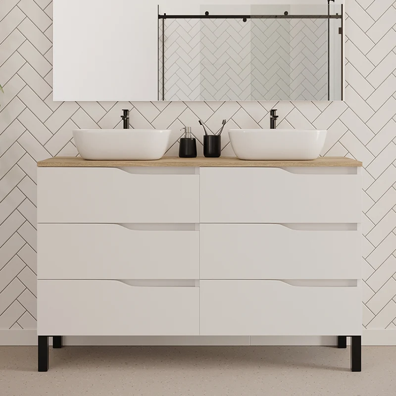 Meuble de salle de bain 140cm avec plateau et 2 vasques à poser zeus - 6 tiroirs - MATA