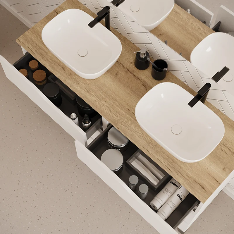 Meuble de salle de bain 140cm avec plateau et 2 vasques à poser zeus - 6 tiroirs - MATA