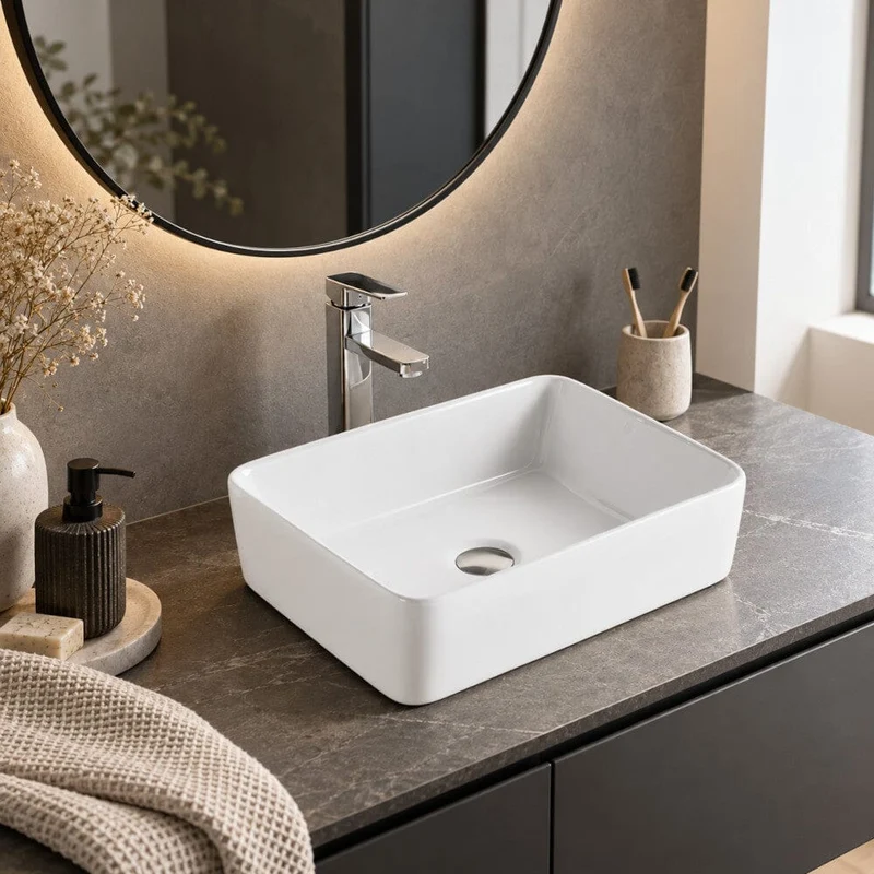 Lavabo blanco brillante sobre encimera cerámico CORDOBA 48 x 37 cm