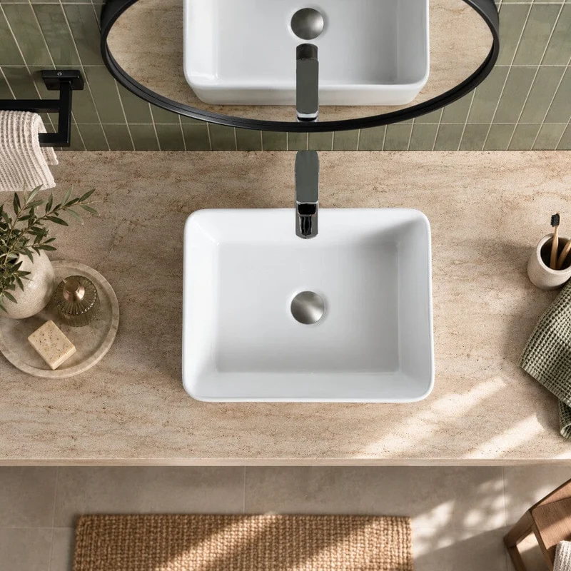 Lavabo blanco brillante sobre encimera cerámico CORDOBA 48 x 37 cm