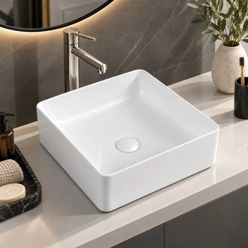 Lavabo blanco brillante sobre encimera cerámico RIVA 36,5 cm