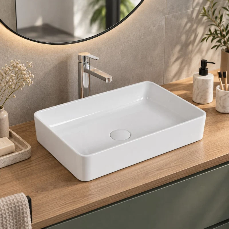 Lavabo blanco brillante sobre encimera cerámico RISTA 50 x 34 cm