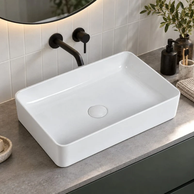 Lavabo blanco brillante sobre encimera cerámico RISTA 50 x 34 cm