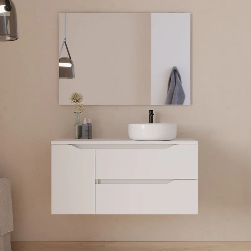 Meuble de salle de bain 100cm avec plateau, vasque à poser déportée à droite Ares et miroir - 2 tiroirs et un placard - ZARZA