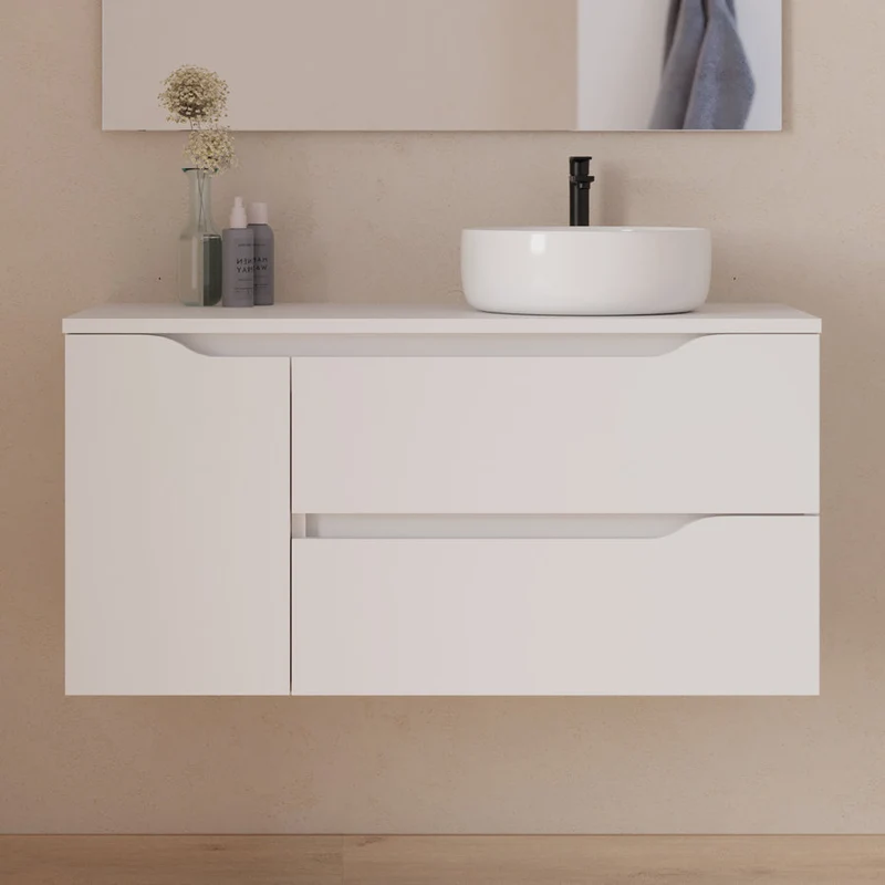 Meuble de salle de bain 100cm avec plateau, vasque à poser déportée à droite Ares et miroir - 2 tiroirs et un placard - ZARZA