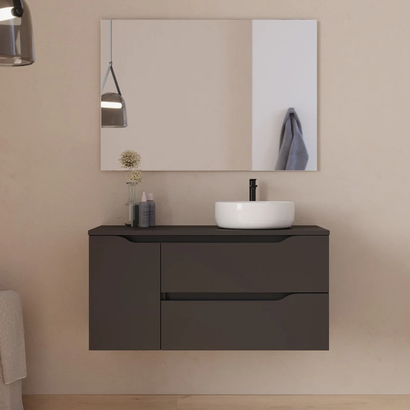 Meuble de salle de bain 100cm avec plateau, vasque à poser déportée à droite Ares et miroir - 2 tiroirs et un placard - ZARZA