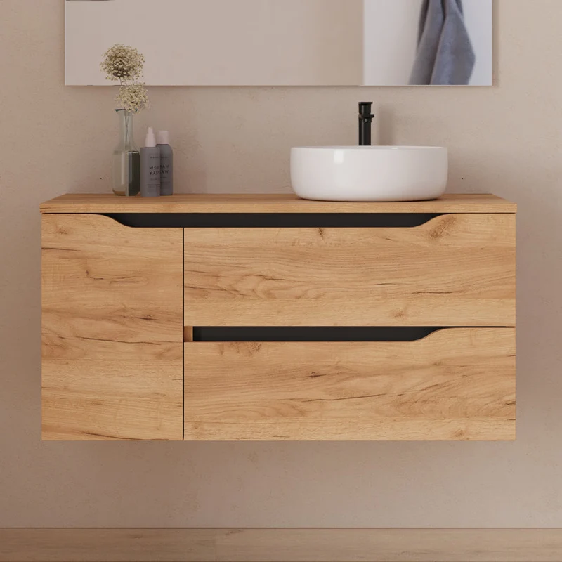 Meuble de salle de bain 100cm avec plateau, vasque à poser déportée à droite Ares et miroir - 2 tiroirs et un placard - ZARZA