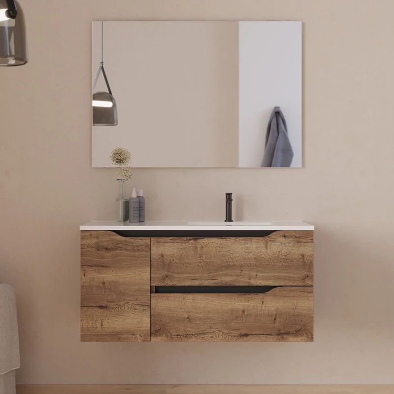 Meuble de salle de bain 100cm avec vasque déportée à droite et miroir - 2 tiroirs et un placard - ZARZA