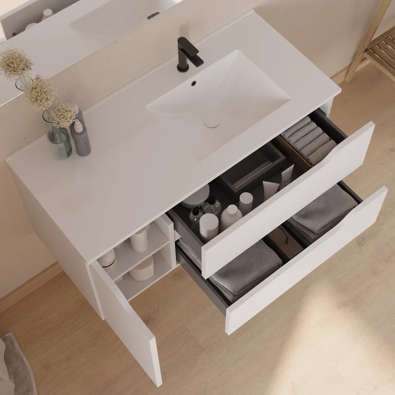 Meuble de salle de bain 100cm avec vasque déportée à droite et miroir - 2 tiroirs et un placard - ZARZA
