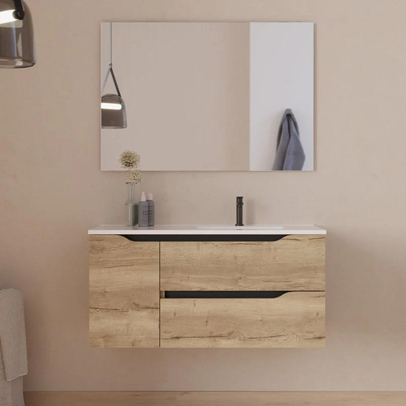 Meuble de salle de bain 100cm avec vasque déportée à droite et miroir - 2 tiroirs et un placard - ZARZA