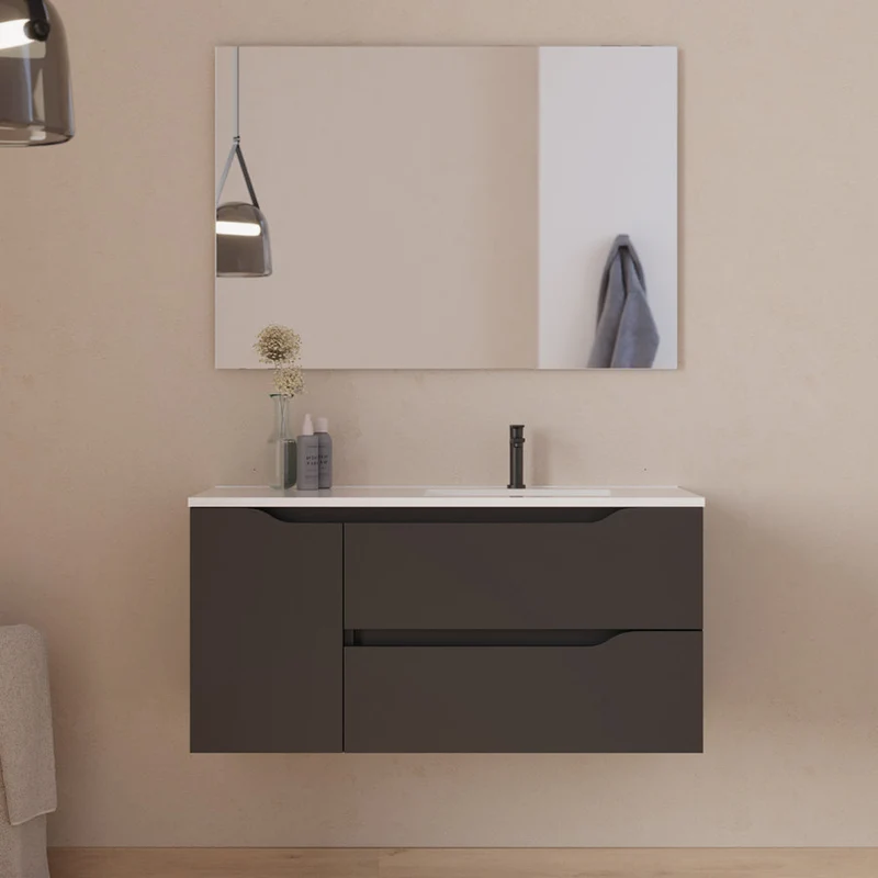 Meuble de salle de bain 100cm avec vasque déportée à droite et miroir - 2 tiroirs et un placard - ZARZA