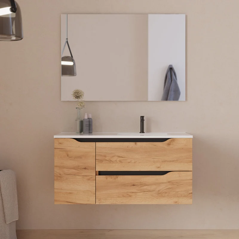 Meuble de salle de bain 100cm avec vasque déportée à droite et miroir - 2 tiroirs et un placard - ZARZA