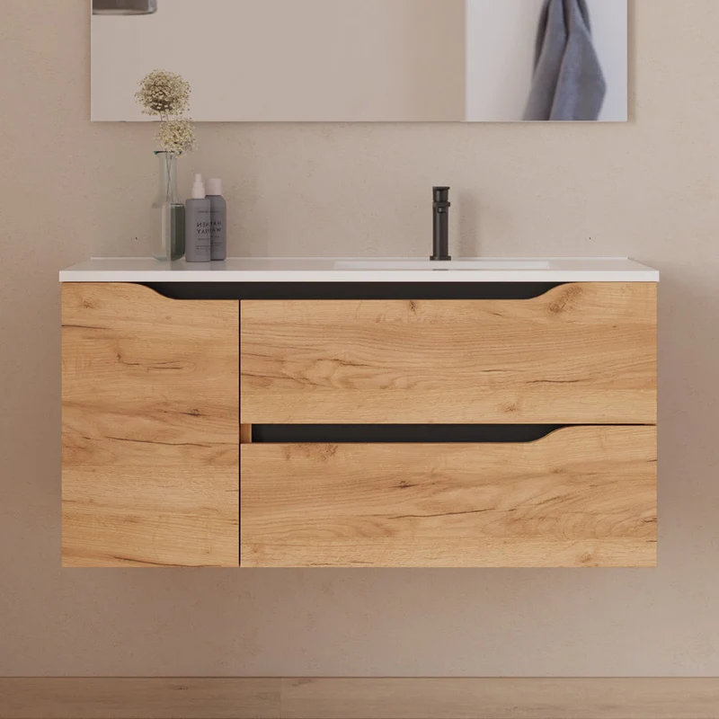 Meuble de salle de bain 100cm avec vasque déportée à droite et miroir - 2 tiroirs et un placard - ZARZA