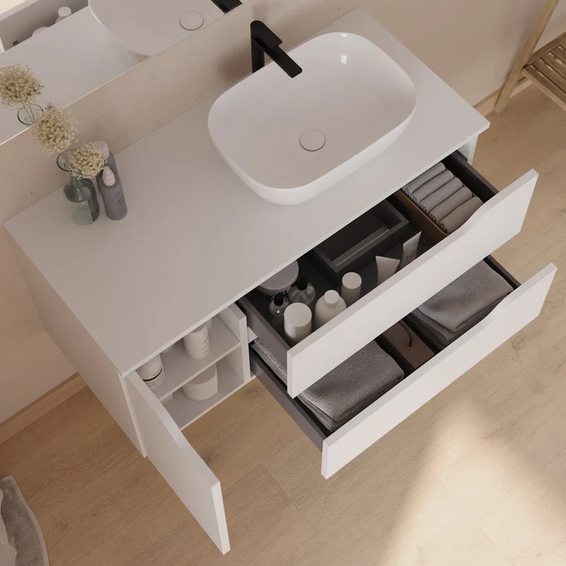 Meuble de salle de bain 100cm avec plateau et vasque à poser déportée à droite Zeus - sans miroir - 2 tiroirs et un placard - ZARZA