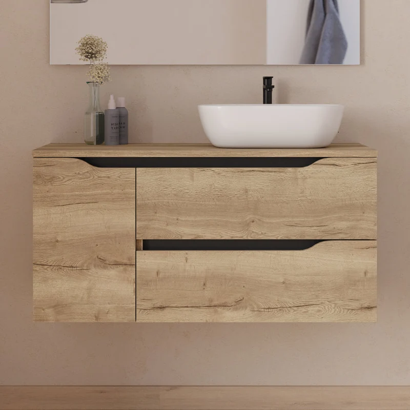 Meuble de salle de bain 100cm avec plateau et vasque à poser déportée à droite Zeus - sans miroir - 2 tiroirs et un placard - ZARZA