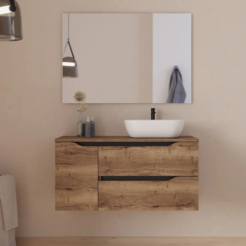 Meuble de salle de bain 100cm avec plateau et vasque à poser déportée à droite Zeus - sans miroir - 2 tiroirs et un placard - ZARZA