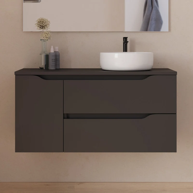 Meuble de salle de bain 100cm avec plateau et vasque à poser déportée à droite Ares - sans miroir - 2 tiroirs et un placard - ZARZA