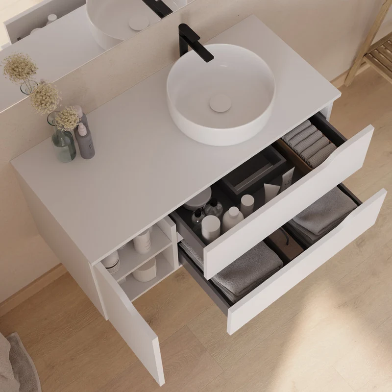 Meuble de salle de bain 100cm avec plateau et vasque à poser déportée à droite Ares - sans miroir - 2 tiroirs et un placard - ZARZA