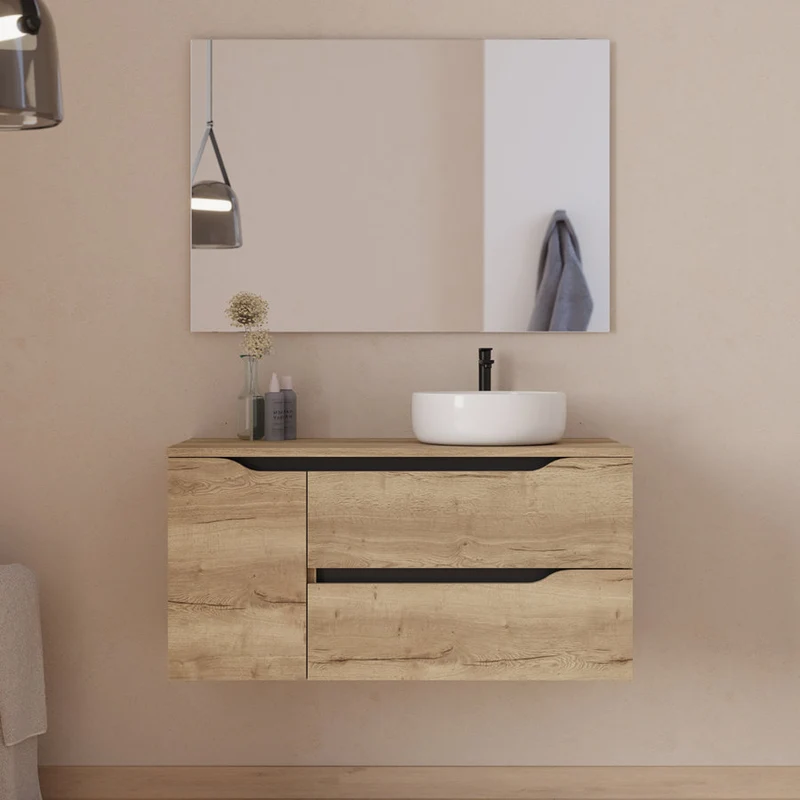 Meuble de salle de bain 100cm avec plateau et vasque à poser déportée à droite Ares - sans miroir - 2 tiroirs et un placard - ZARZA