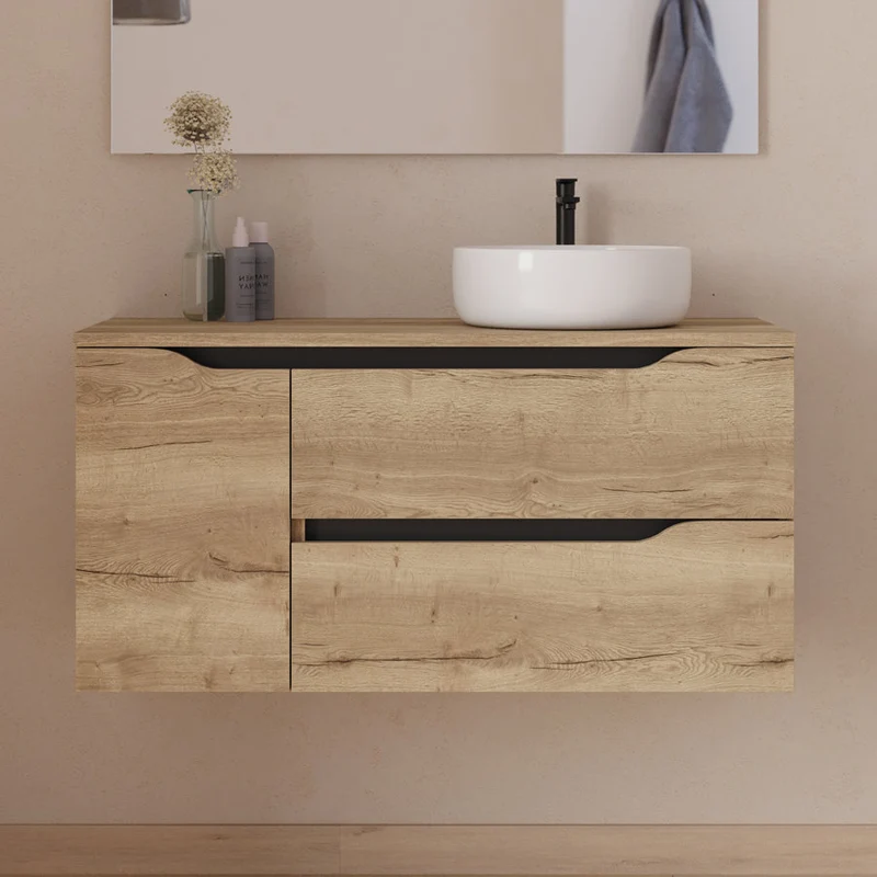 Meuble de salle de bain 100cm avec plateau et vasque à poser déportée à droite Ares - sans miroir - 2 tiroirs et un placard - ZARZA