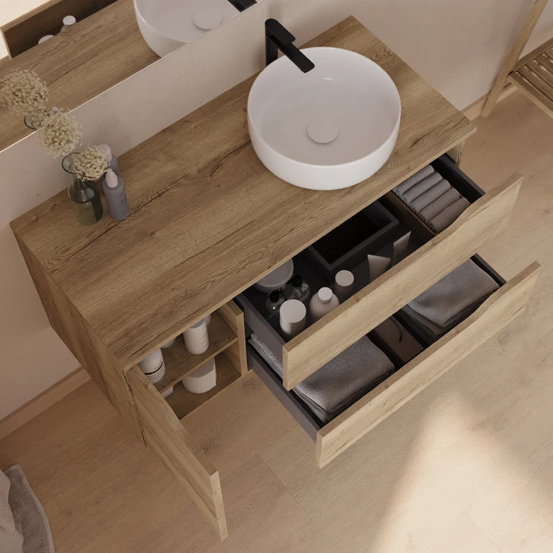 Meuble de salle de bain 100cm avec plateau et vasque à poser déportée à droite Ares - sans miroir - 2 tiroirs et un placard - ZARZA
