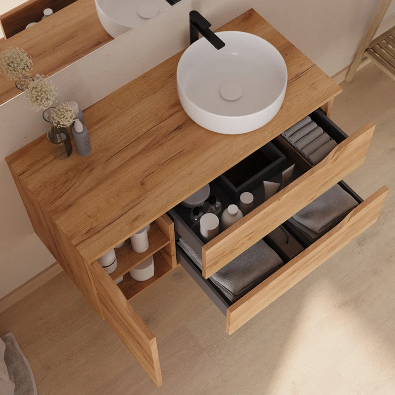 Meuble de salle de bain 100cm avec plateau et vasque à poser déportée à droite Ares - sans miroir - 2 tiroirs et un placard - ZARZA