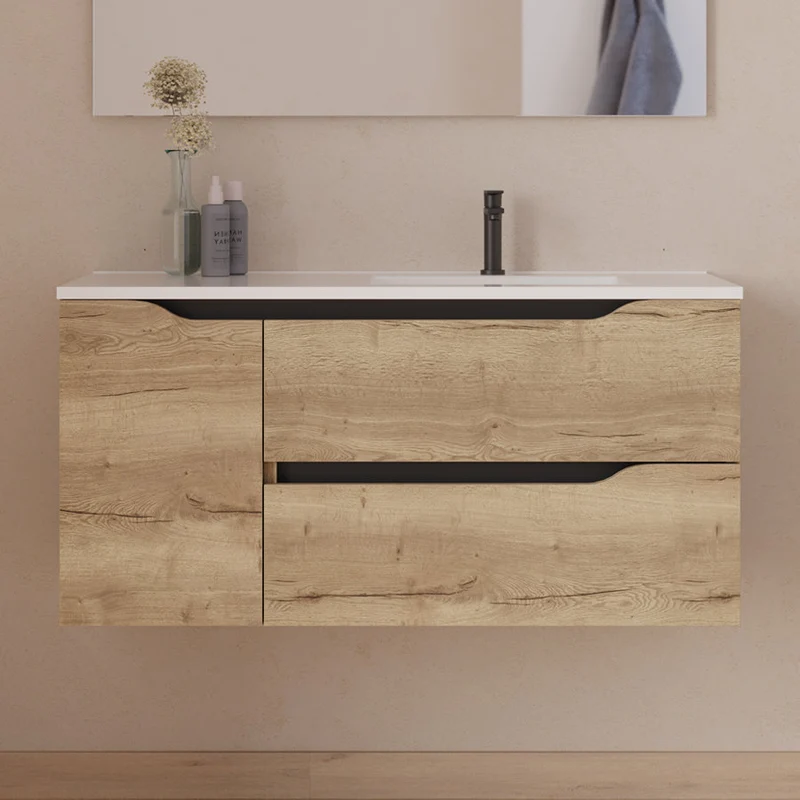 Meuble de salle de bain 100cm avec vasque déportée à droite - sans miroir - 2 tiroirs et un placard - ZARZA