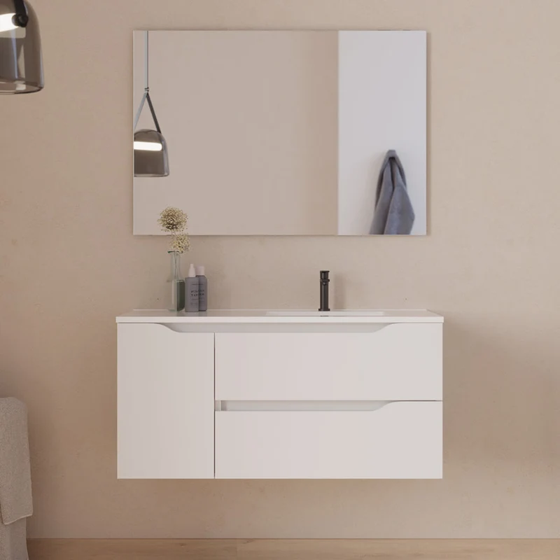 Meuble de salle de bain 100cm avec vasque déportée à droite - sans miroir - 2 tiroirs et un placard - ZARZA
