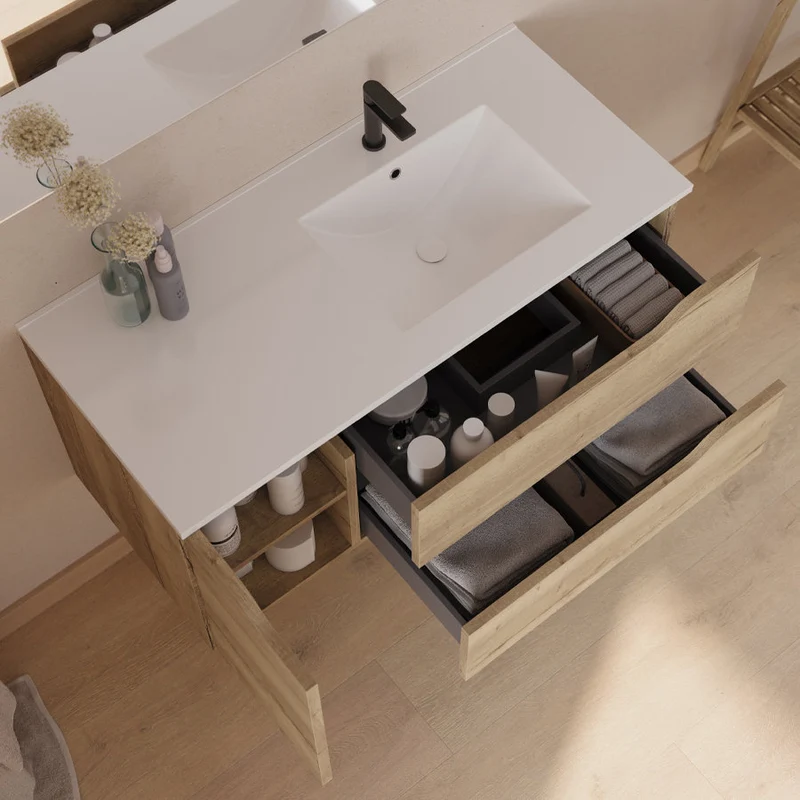 Meuble de salle de bain 100cm avec vasque déportée à droite - sans miroir - 2 tiroirs et un placard - ZARZA