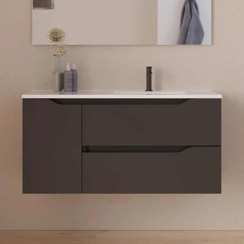 Meuble de salle de bain 100cm avec vasque déportée à droite - sans miroir - 2 tiroirs et un placard - ZARZA