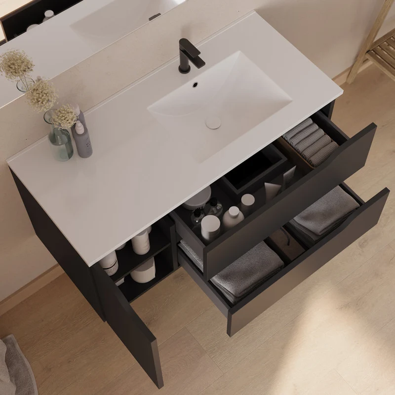 Meuble de salle de bain 100cm avec vasque déportée à droite - sans miroir - 2 tiroirs et un placard - ZARZA
