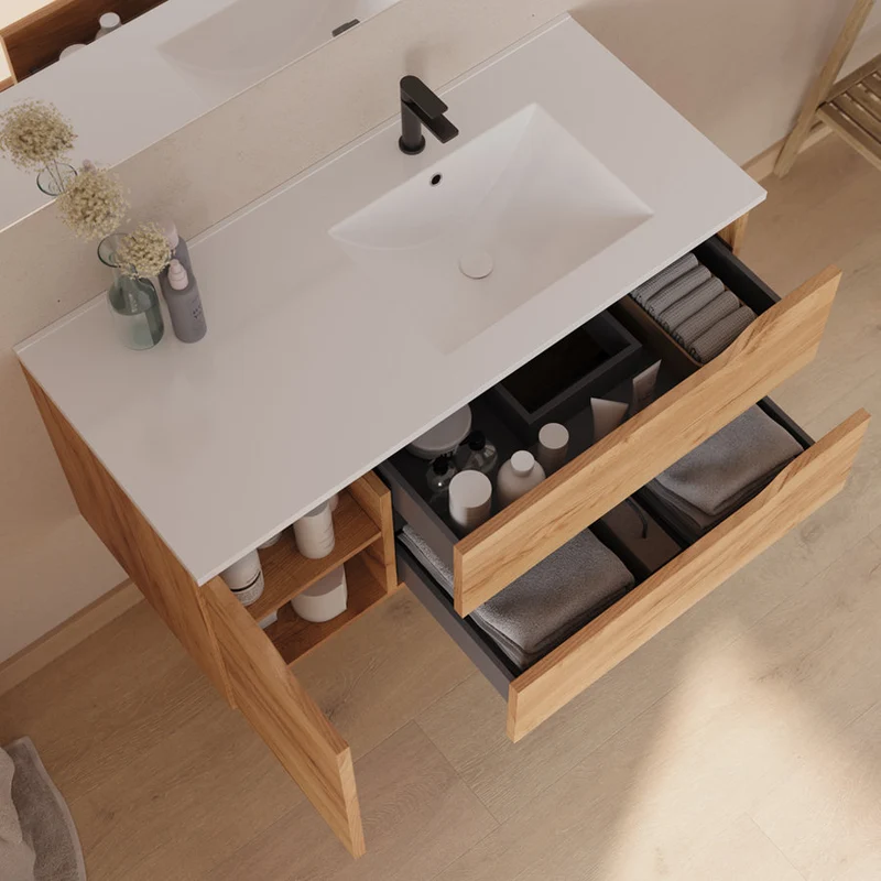 Meuble de salle de bain 100cm avec vasque déportée à droite - sans miroir - 2 tiroirs et un placard - ZARZA