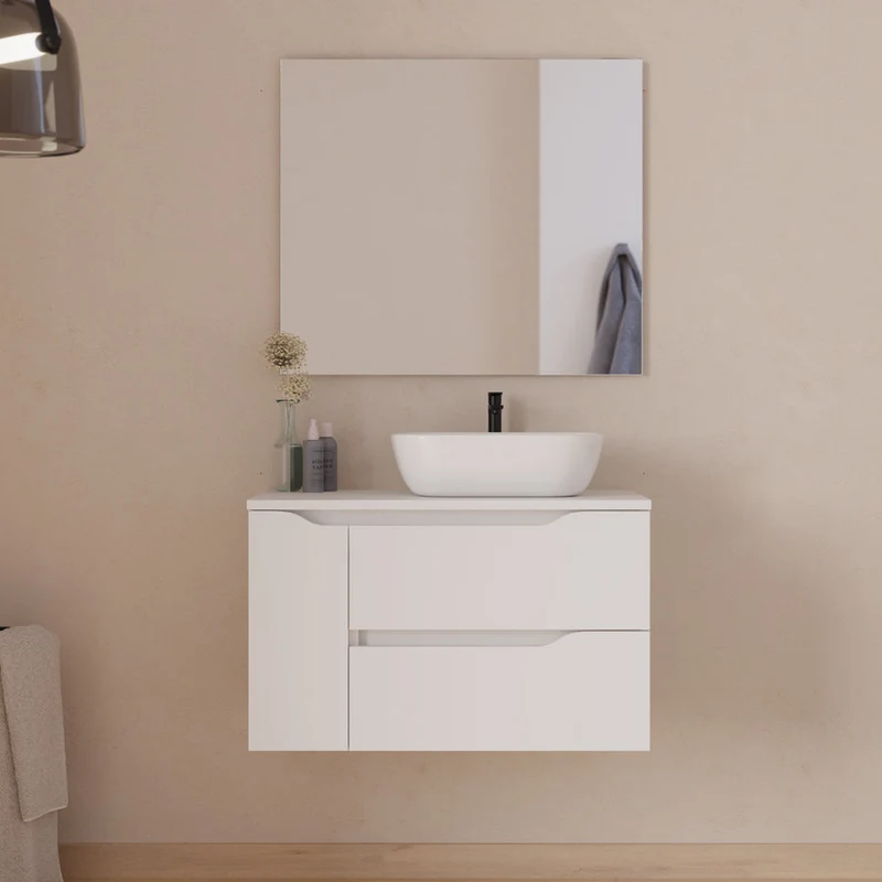 Meuble de salle de bain 80cm avec plateau, vasque à poser déportée à droite Zeus et miroir - 2 tiroirs et un placard - ZARZA
