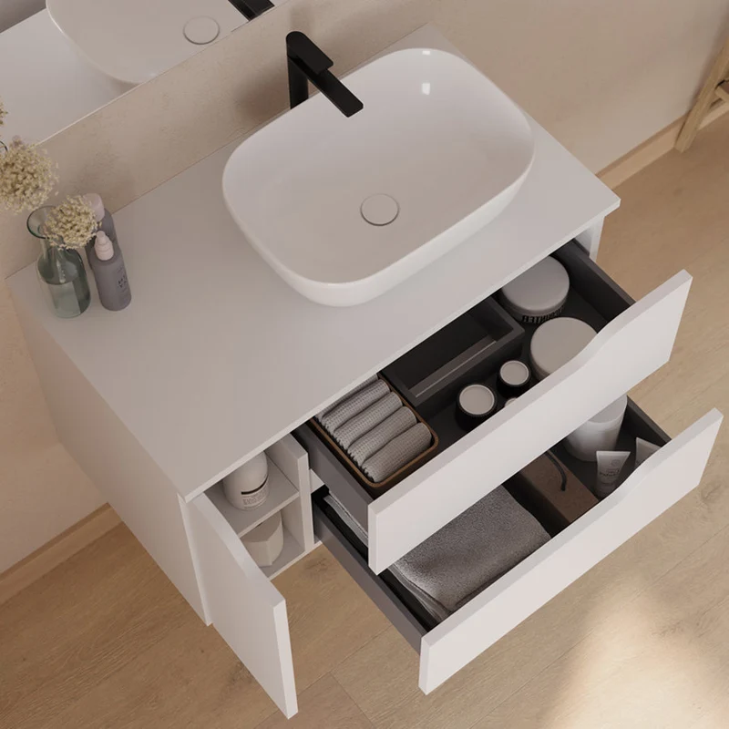 Meuble de salle de bain 80cm avec plateau, vasque à poser déportée à droite Zeus et miroir - 2 tiroirs et un placard - ZARZA