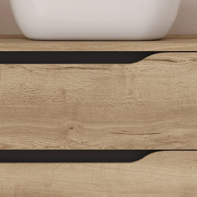 Meuble de salle de bain 80cm avec plateau, vasque à poser déportée à droite Zeus et miroir - 2 tiroirs et un placard - ZARZA