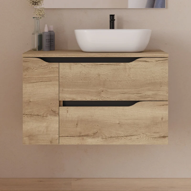 Meuble de salle de bain 80cm avec plateau, vasque à poser déportée à droite Zeus et miroir - 2 tiroirs et un placard - ZARZA