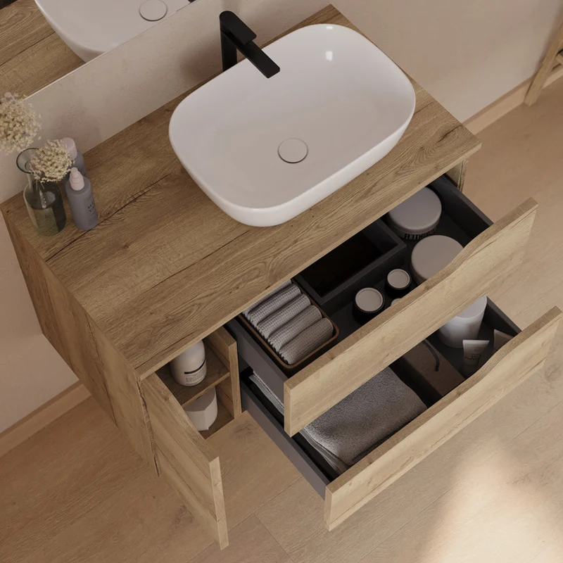 Meuble de salle de bain 80cm avec plateau, vasque à poser déportée à droite Zeus et miroir - 2 tiroirs et un placard - ZARZA