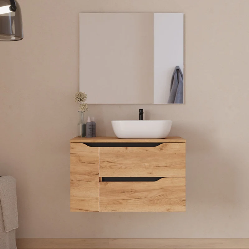 Meuble de salle de bain 80cm avec plateau, vasque à poser déportée à droite Zeus et miroir - 2 tiroirs et un placard - ZARZA