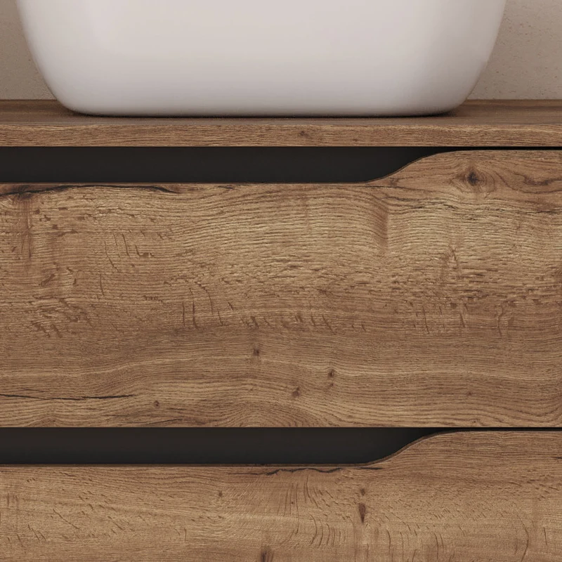 Meuble de salle de bain 80cm avec plateau, vasque à poser déportée à droite Zeus et miroir - 2 tiroirs et un placard - ZARZA