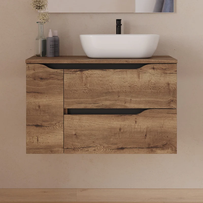 Meuble de salle de bain 80cm avec plateau, vasque à poser déportée à droite Zeus et miroir - 2 tiroirs et un placard - ZARZA