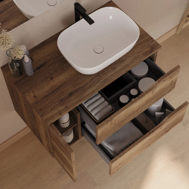 Meuble de salle de bain 80cm avec plateau, vasque à poser déportée à droite Zeus et miroir - 2 tiroirs et un placard - ZARZA