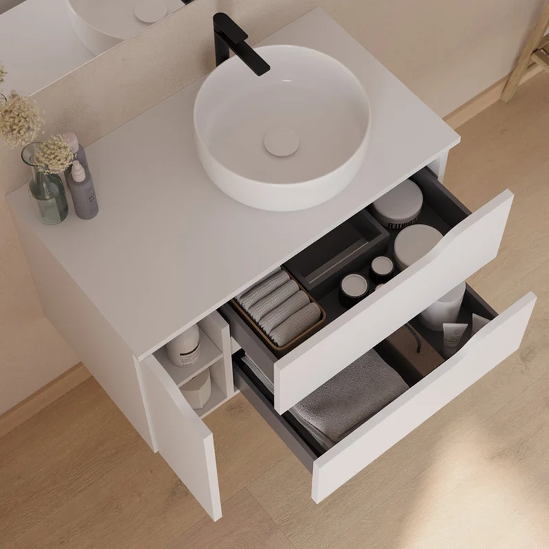 Meuble de salle de bain 80cm avec plateau, vasque à poser déportée à droite Ares et miroir - 2 tiroirs et un placard - ZARZA