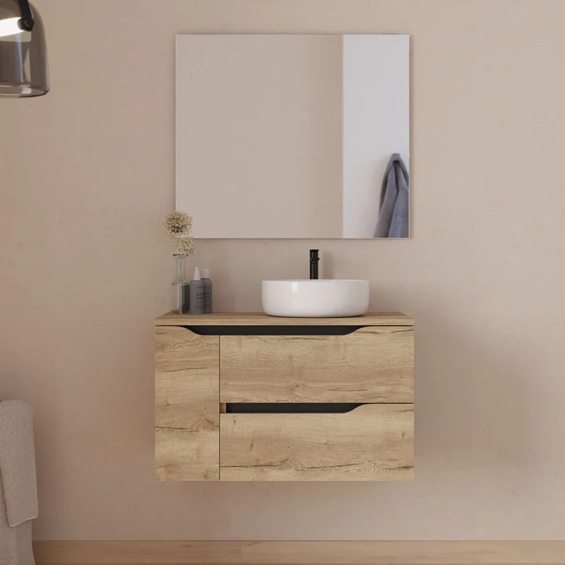 Meuble de salle de bain 80cm avec plateau, vasque à poser déportée à droite Ares et miroir - 2 tiroirs et un placard - ZARZA