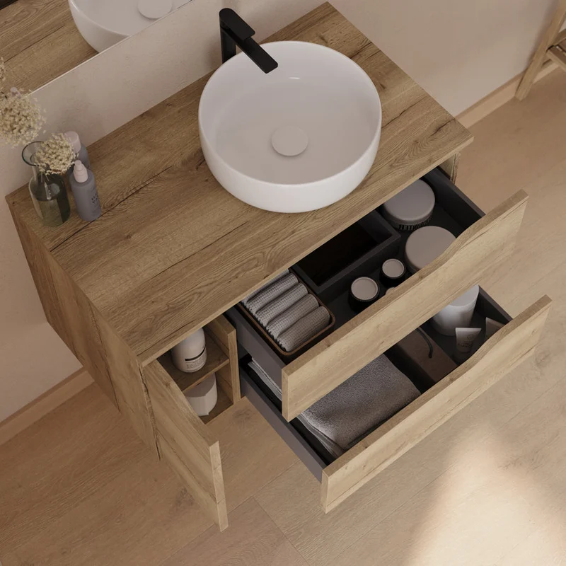 Meuble de salle de bain 80cm avec plateau, vasque à poser déportée à droite Ares et miroir - 2 tiroirs et un placard - ZARZA